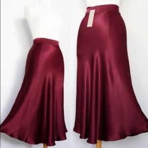 Wine Silky Satin Bias Cut Flowy Drape Midi Skirt